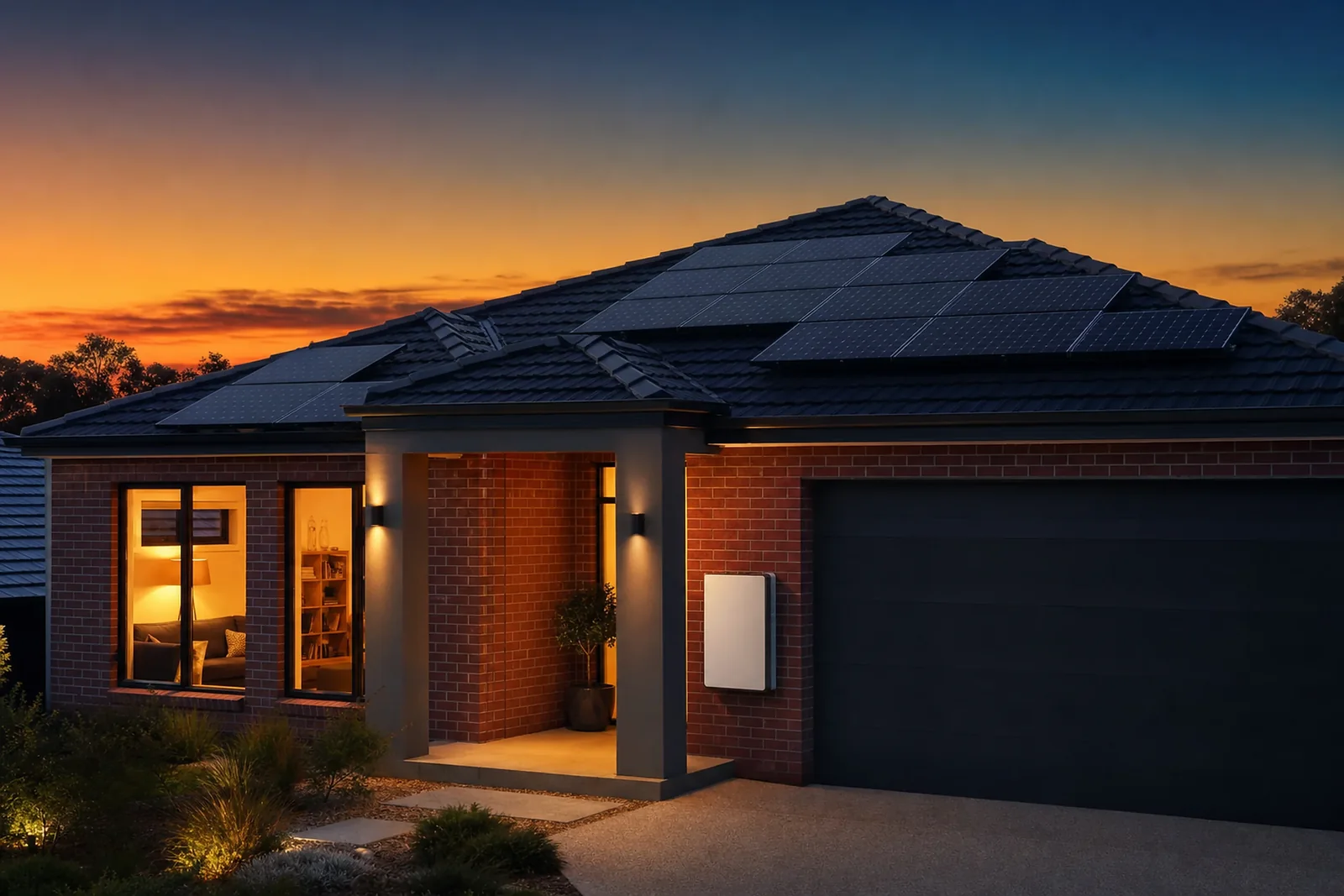 Modern Melbourne red-brick home at dusk with a wall-mounted solar battery and rooftop solar panels against an orange-to-deep-blue twilight sky