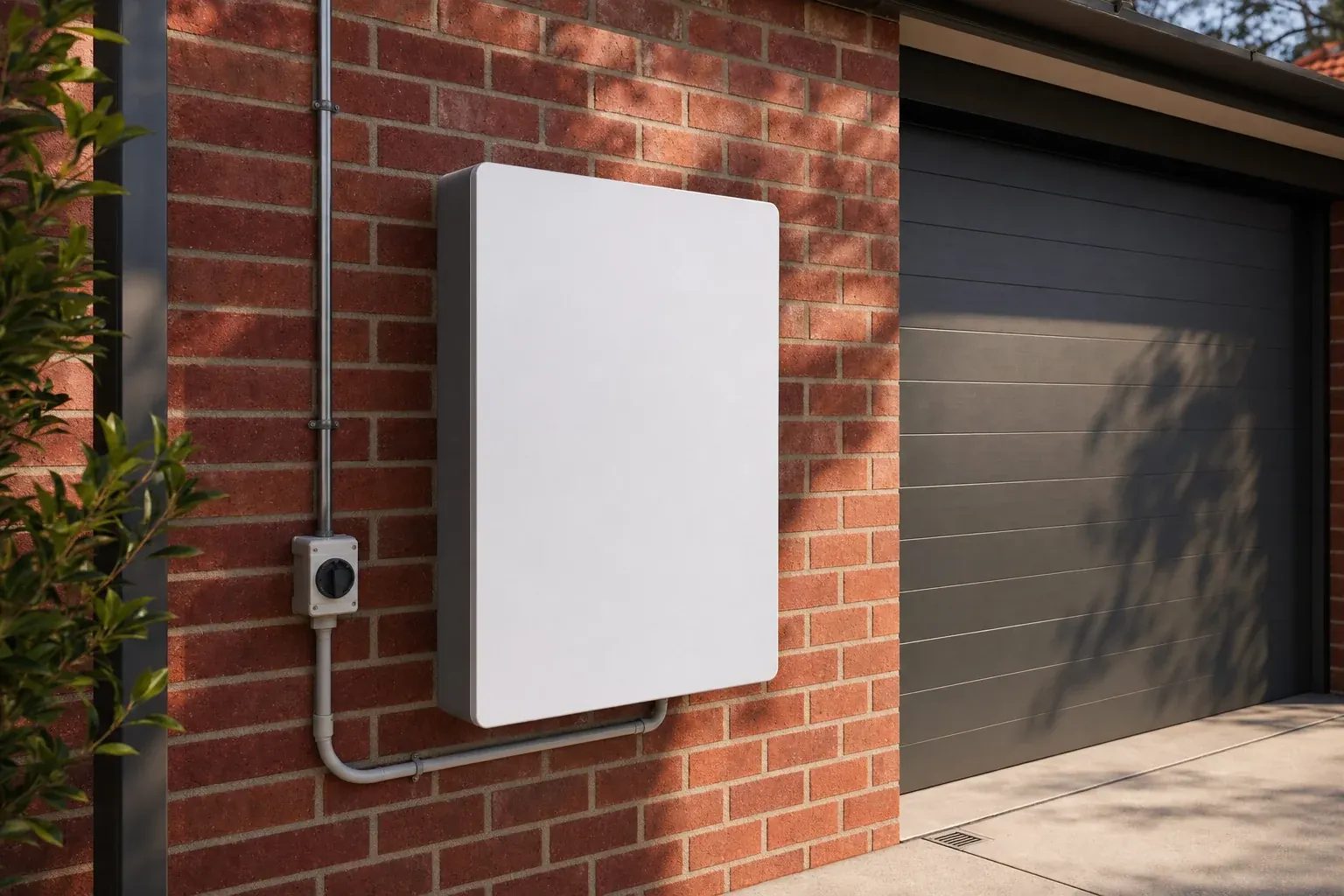 Wall-mounted home battery storage unit on a Melbourne red-brick garage wall