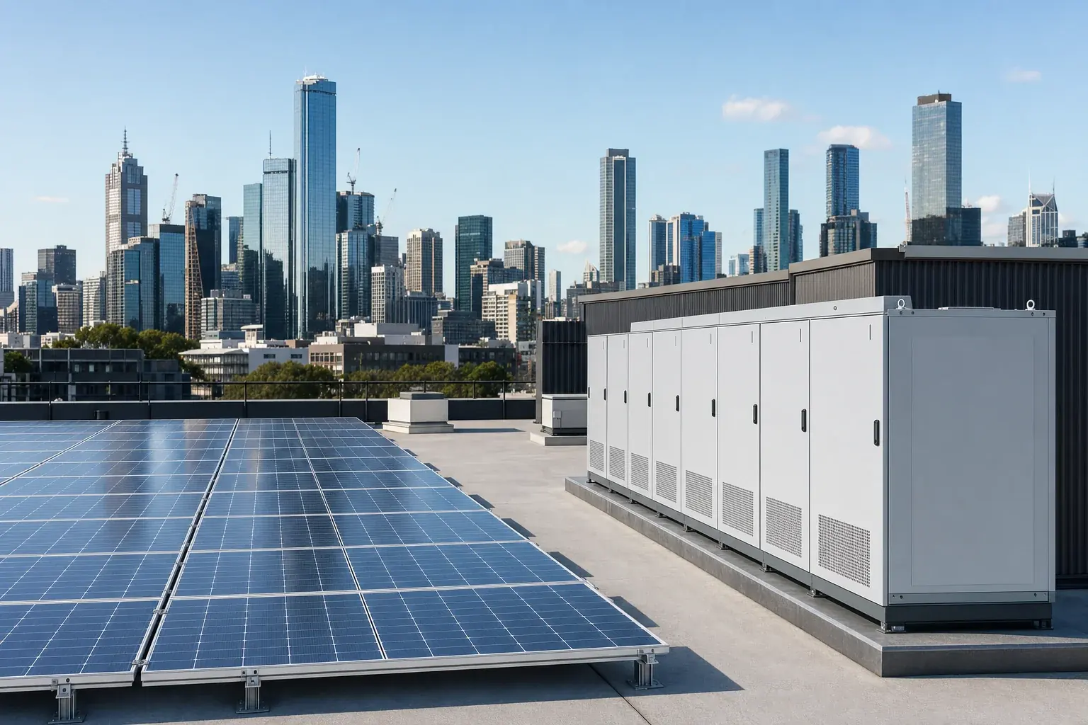 Commercial rooftop solar array and battery cabinets on a Melbourne building with city skyline behind