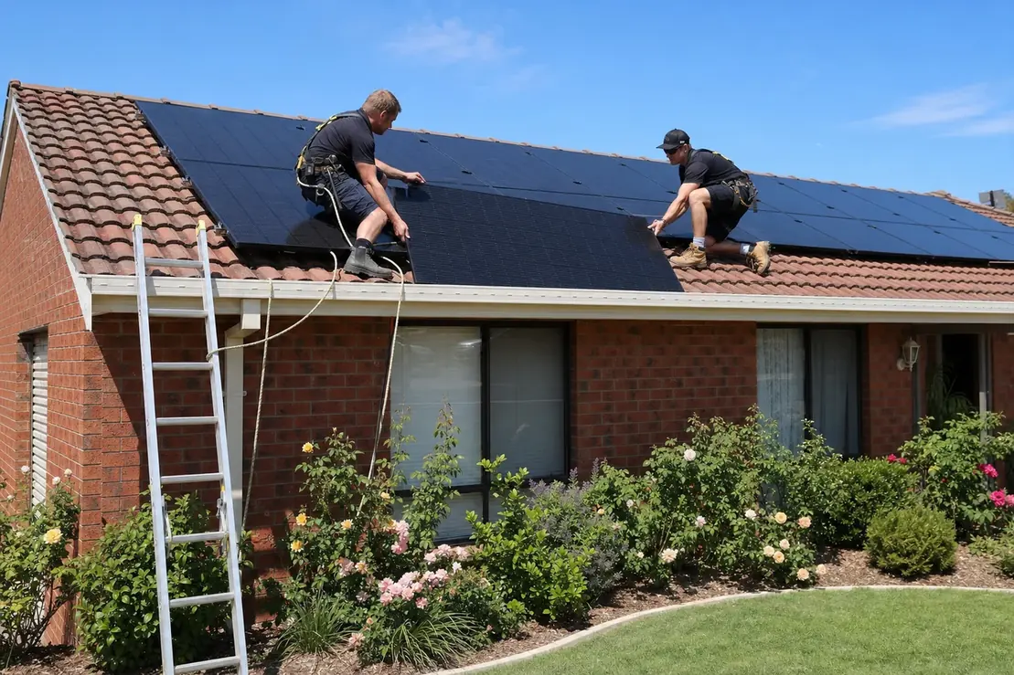 New solar panel array being installed on a suburban Melbourne tiled roof