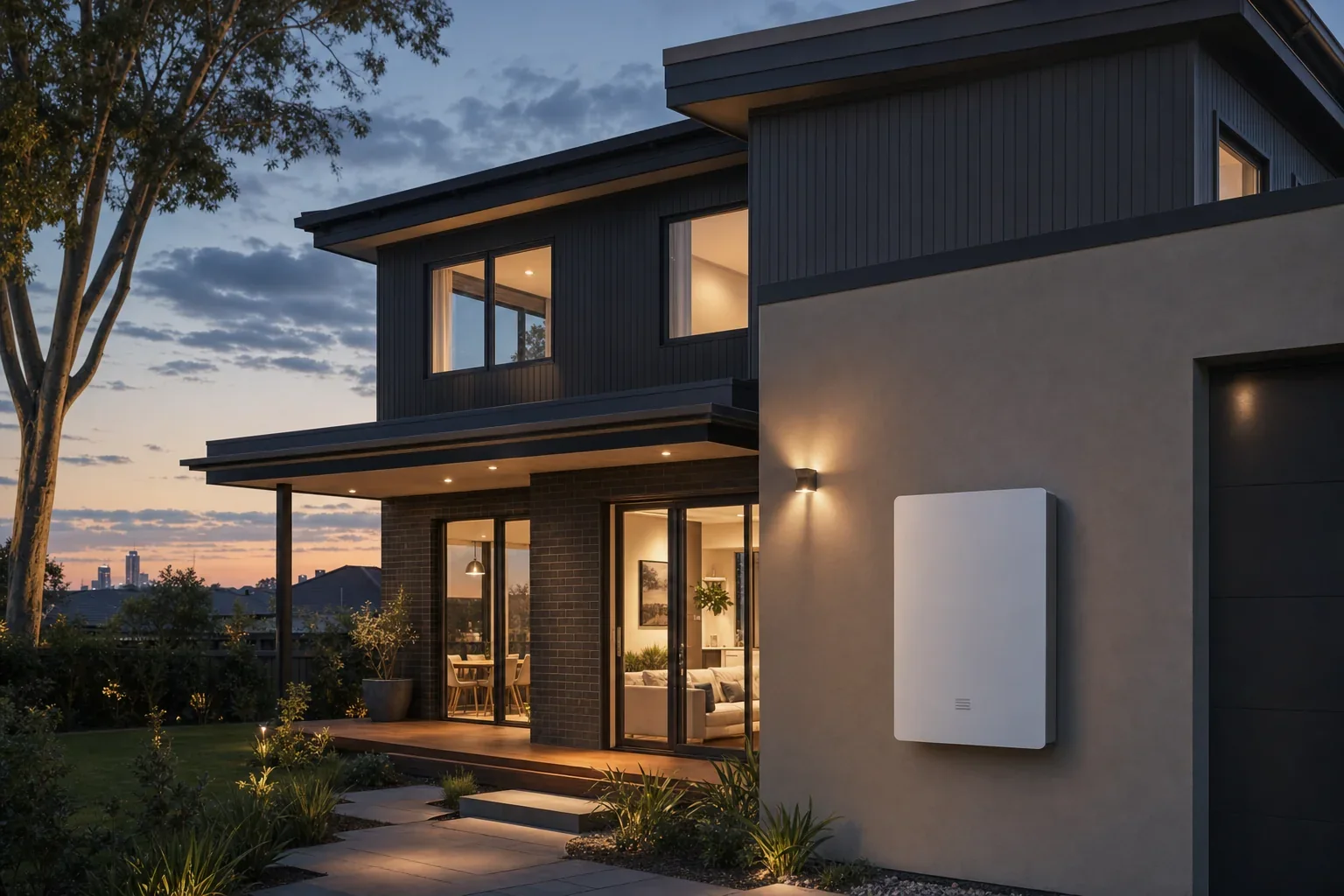 Modern Melbourne home at dusk with a wall battery and warm interior lights, connected to a virtual power plant